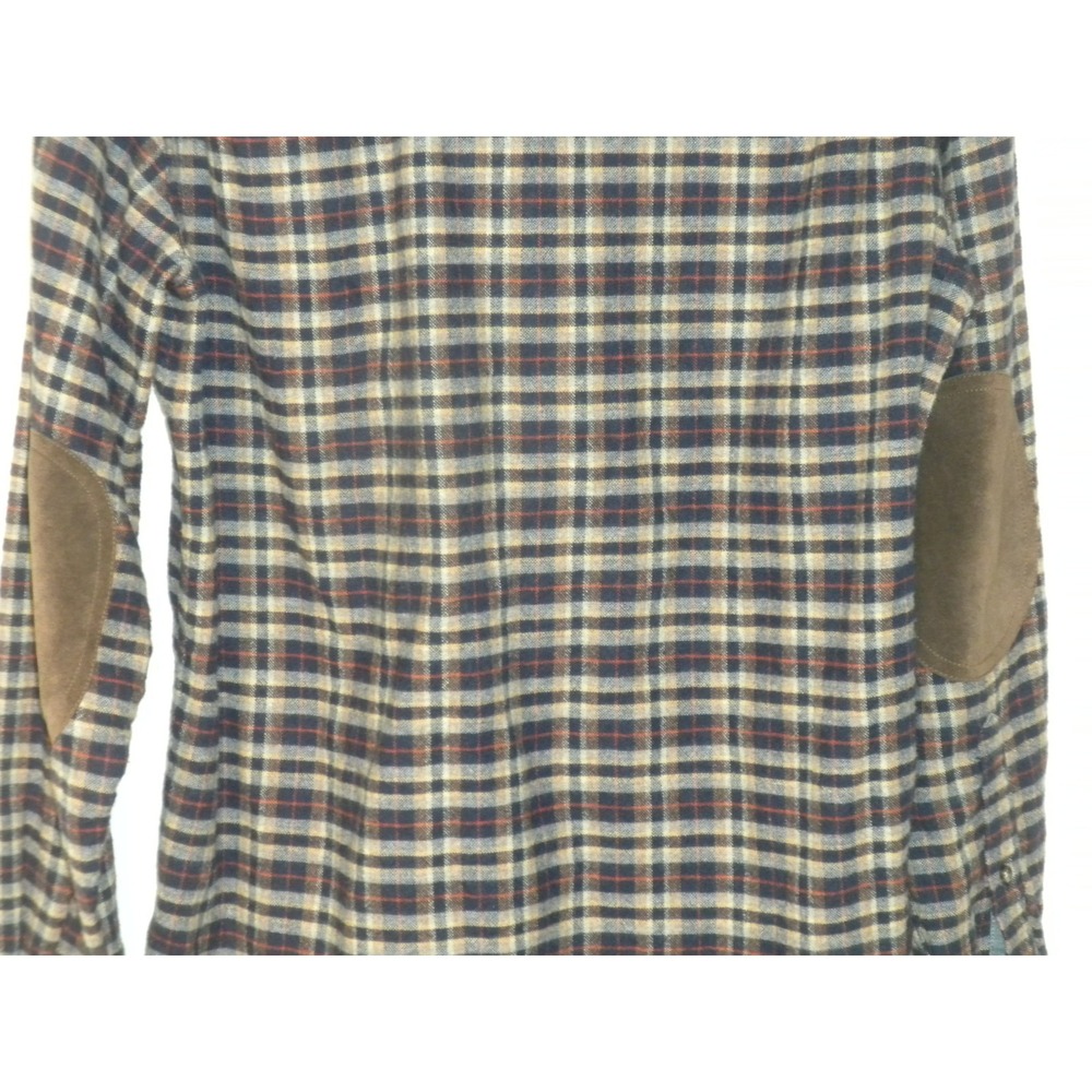 J Crew Shirt Mens M Blue Brown Plaid Flannel Wool Blend Leather Elbow Patch - Picture 5 of 11